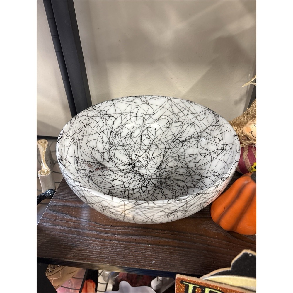 Hazel Atlas Atomic Spaghetti String Drizzle 10" Milk Glass Bowl MCM White Black